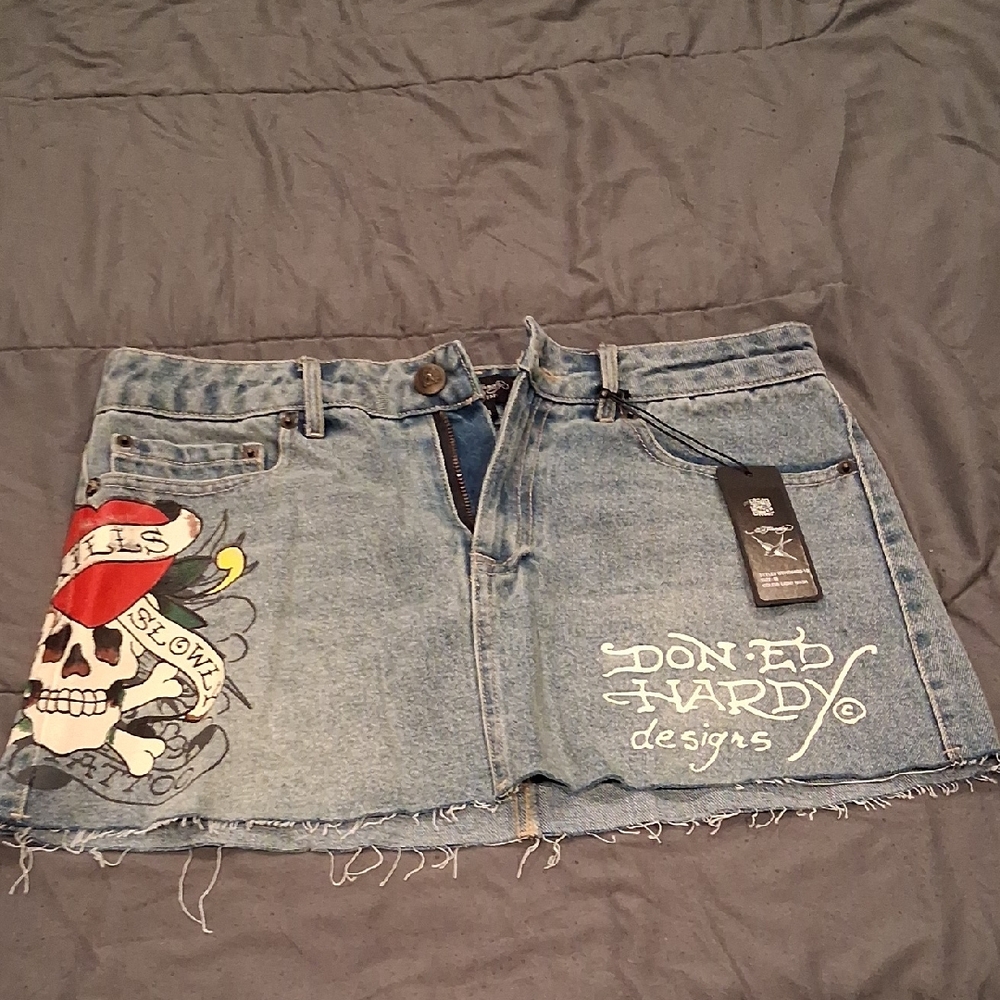Ed Hardy Blue Denim Skirt with Skull and Red Accents
